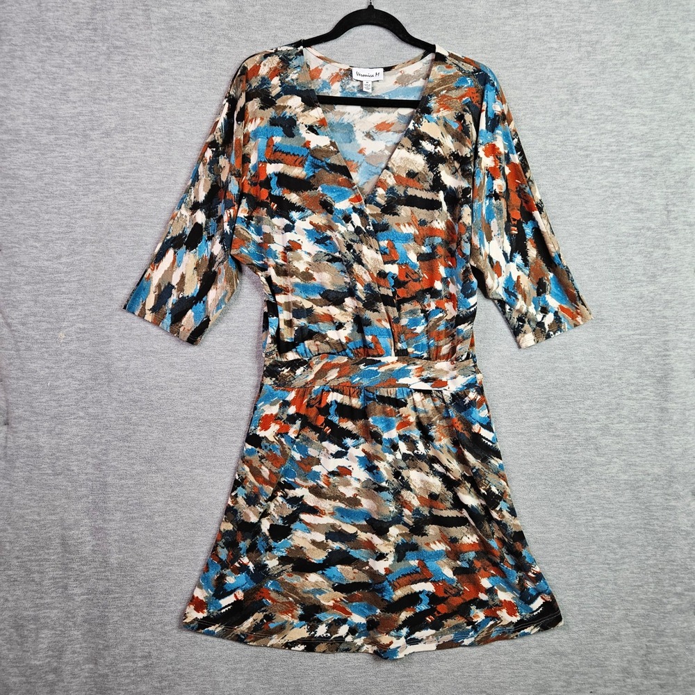 Veronica M Abstract Brushstroke Wrap Front Smocked Waist Dress Blue Orange Med